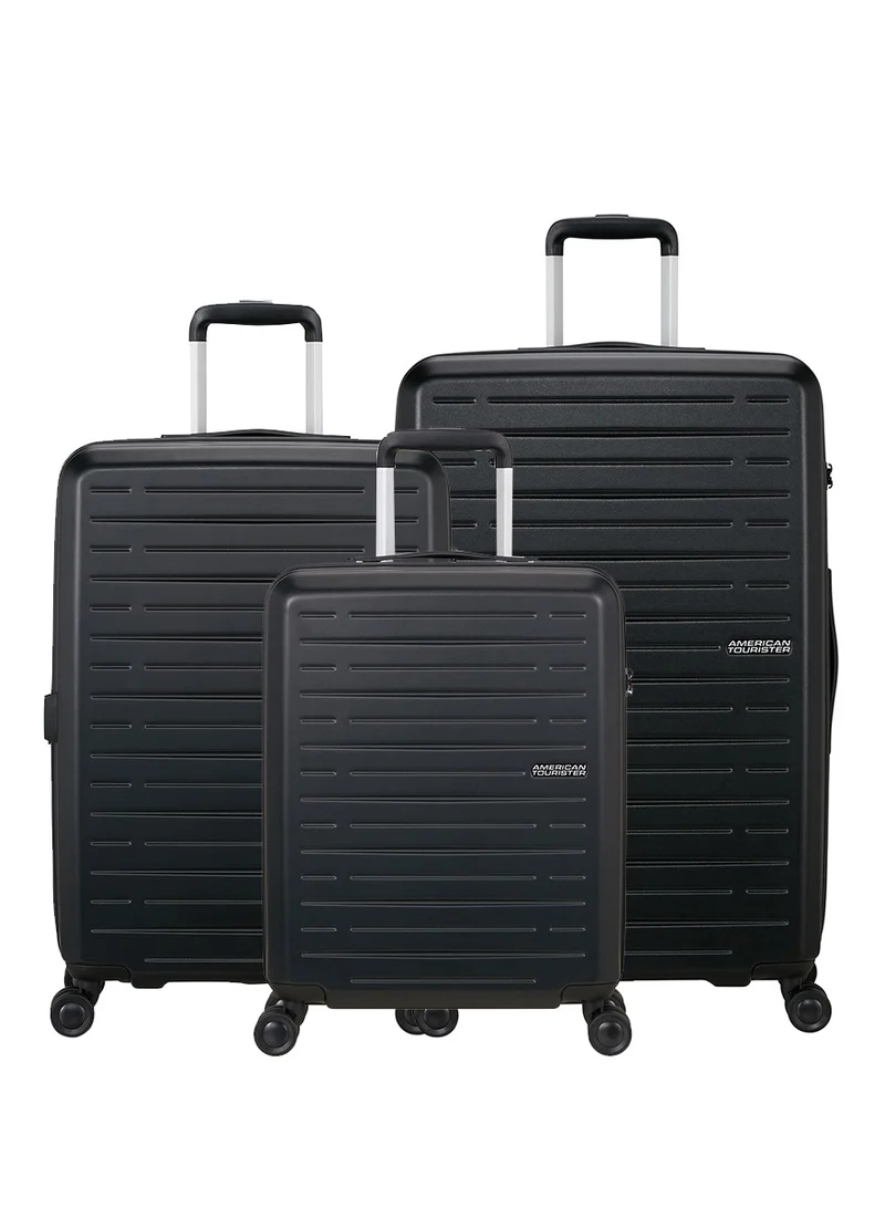 Aerojoy Suitcase, 3pc Set (55 + 66 + 80 cm), 4 Spinner Wheels, Hard Top, ABS, Black|TSA Lock|Inner Mesh Zippered Divider|Cross Ribbons|Lightweight|Expandable - 3 Years International Warranty